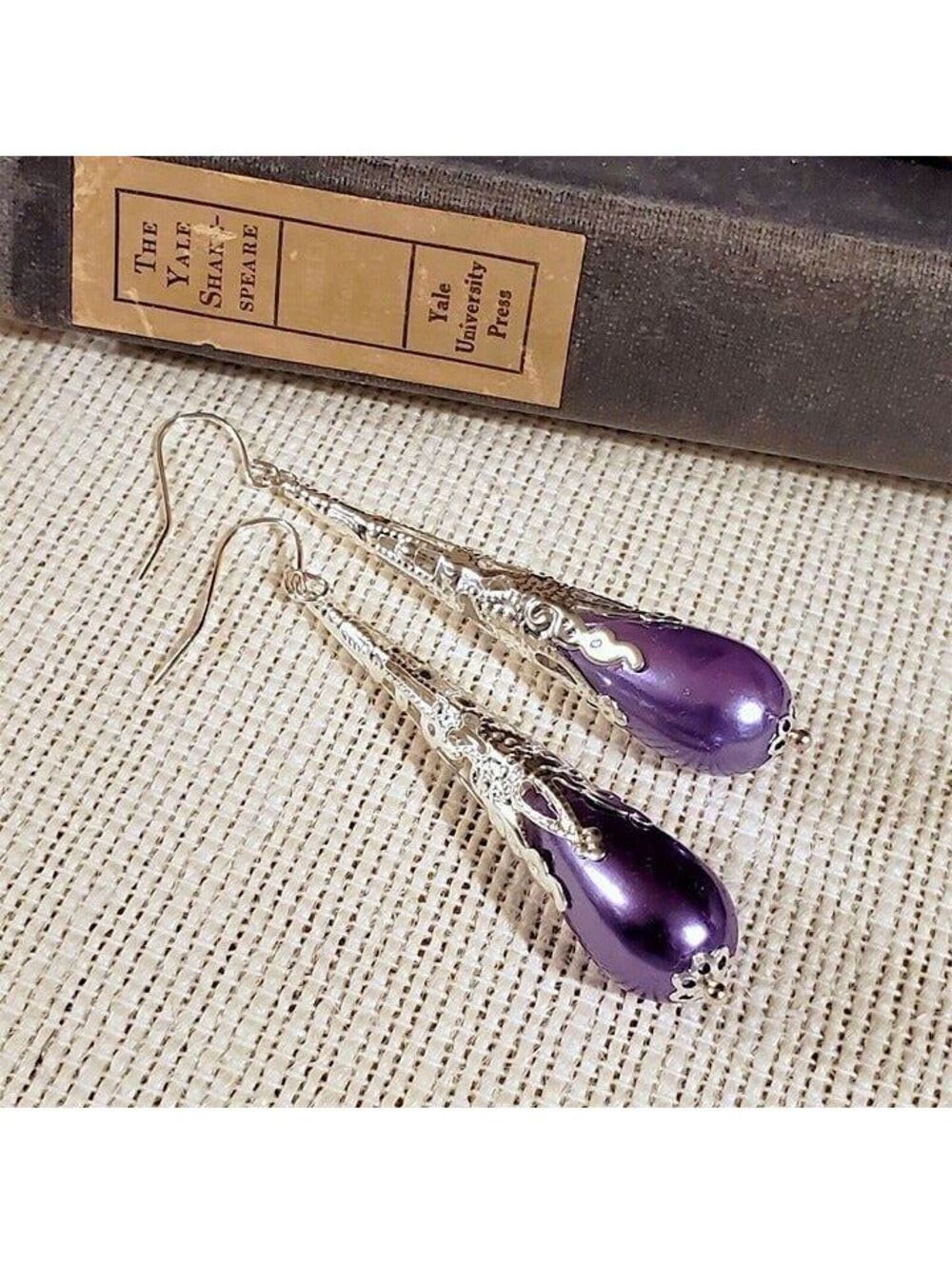 Sustainable Lacy Silver Filigree Purple Tone Faux Pearl Long Teardrop Earrings